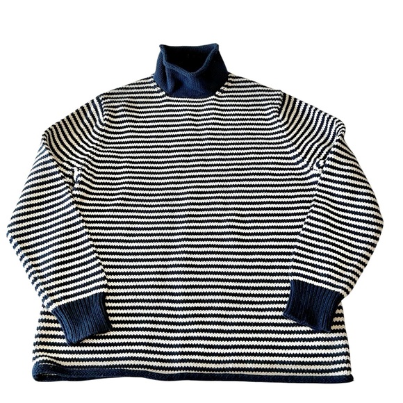 J Crew Women’s 100% Cotton Rolled Turtleneck Navy White Striped Sz Medium - Picture 1 of 7